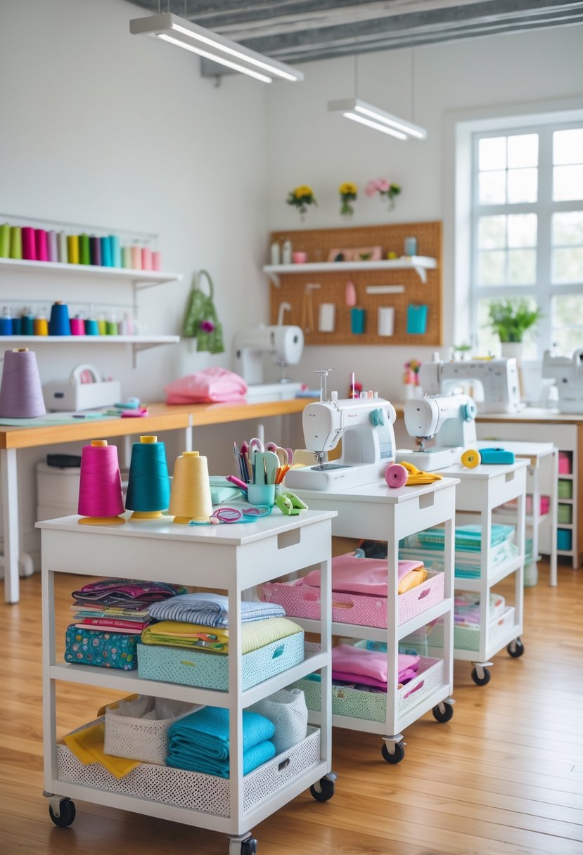 A sewing room with rolling carts holding sewing supplies, fabric, and tools, arranged neatly in a well-lit space.