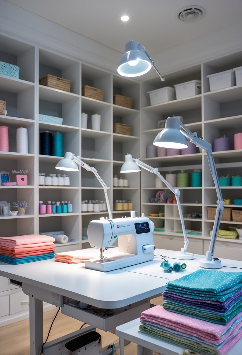 A well-lit sewing room with adjustable lamps, a sewing machine on a table, organized fabric and sewing supplies on shelves.