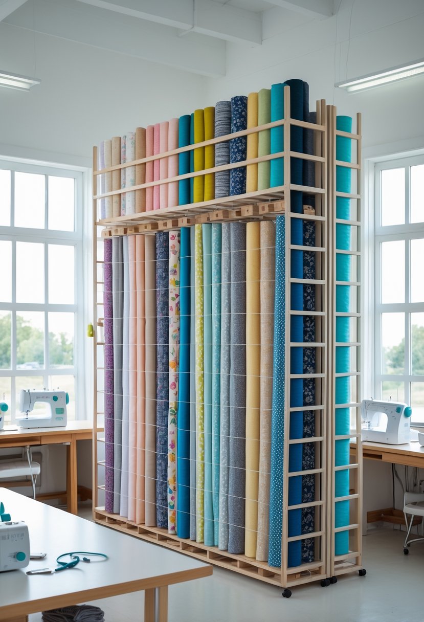 A sewing room with tall vertical racks holding bolts of fabric and sewing tables with sewing tools.