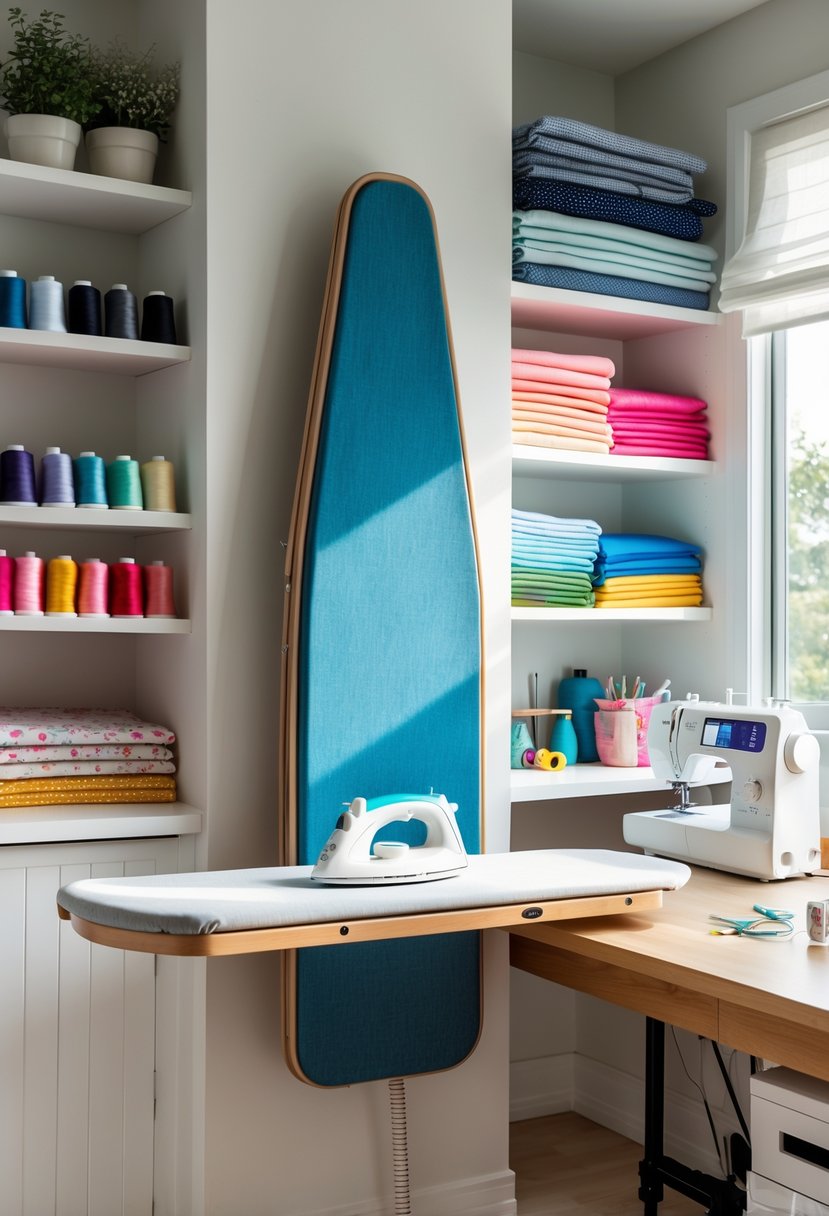 A sewing room with a fold-down ironing board mounted on the wall, surrounded by sewing supplies and a sewing machine.