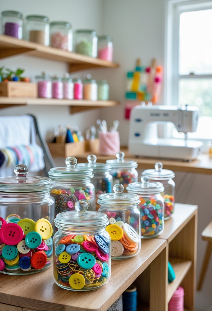 Glass jars filled with buttons and sewing supplies neatly arranged on shelves in a sewing room.