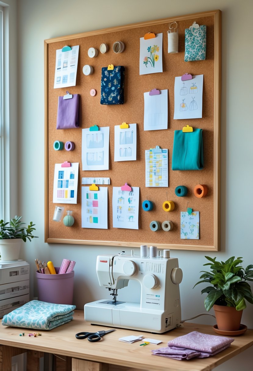 A sewing room corner with a corkboard displaying pinned sewing patterns and fabric swatches above a table with sewing tools and a sewing machine.