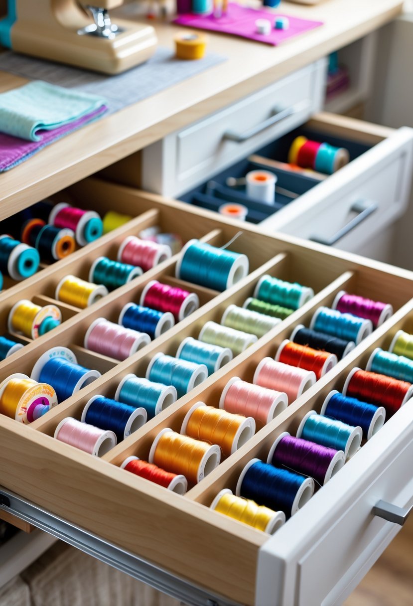 Open drawer with organized compartments holding colorful thread spools and bobbins in a sewing room.