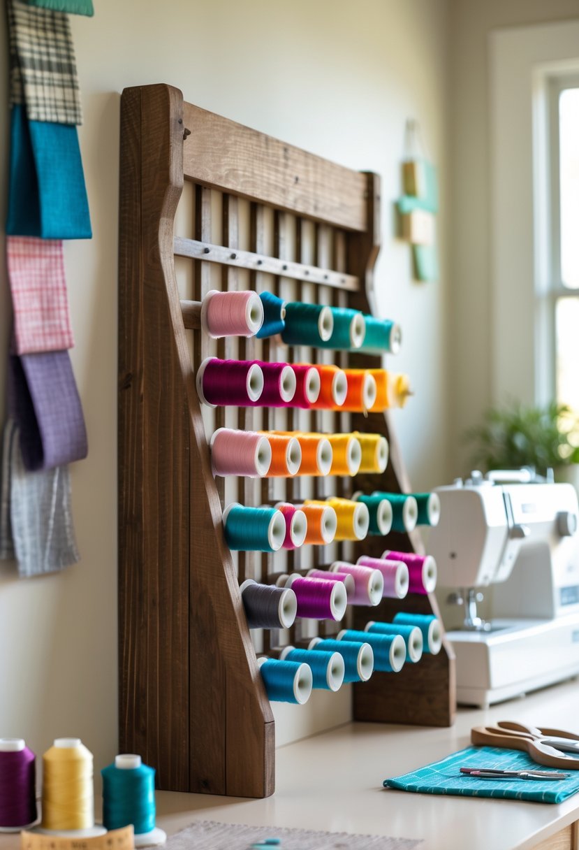 A wooden rack holding colorful thread spools in a sewing room with sewing tools and fabric nearby.