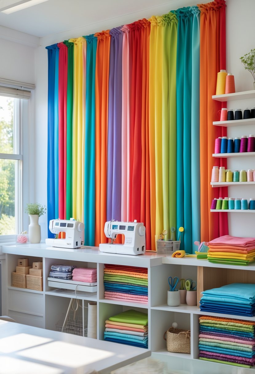 A bright sewing room with a colorful rainbow fabric wall display and organized sewing supplies on shelves and tables.