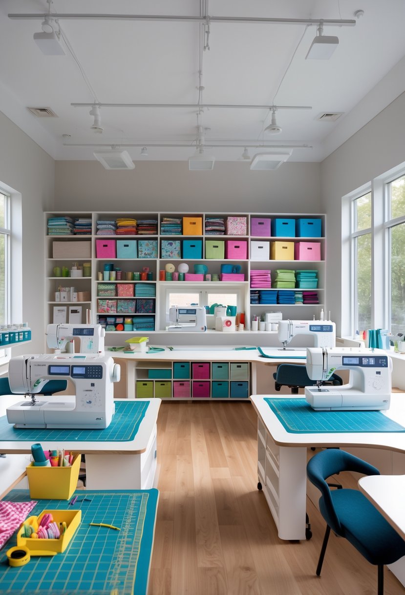 A bright sewing room with adjustable workstations, sewing machines, organized fabric storage, and natural light coming through large windows.