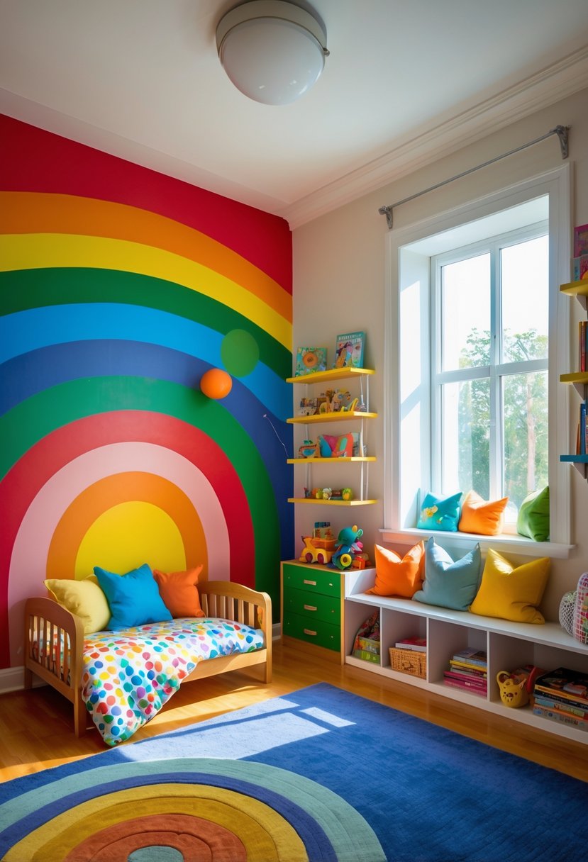 A children's bedroom with a rainbow-colored accent wall, colorful bedding, toys, and a cozy reading nook.