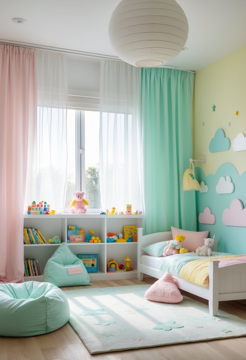 A children's bedroom with a small bed, toys, books, and a cozy reading nook, decorated in soft pastel colors with natural light coming through a window.