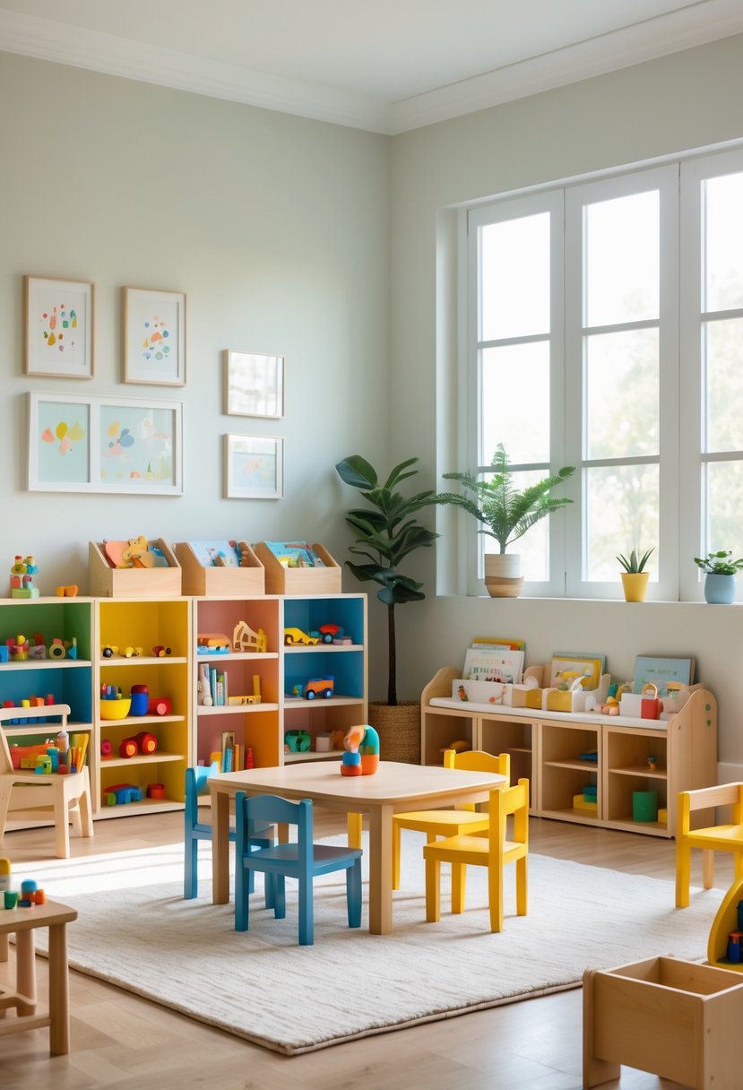 A children's room with low wooden furniture, colorful toys, books, and natural light.