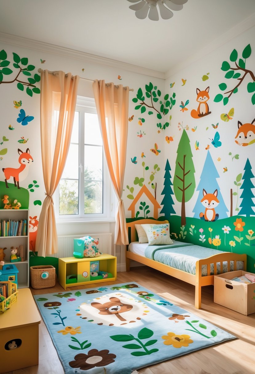 A colorful children's bedroom with animal and nature-themed wall decals, child-sized furniture, and natural light.