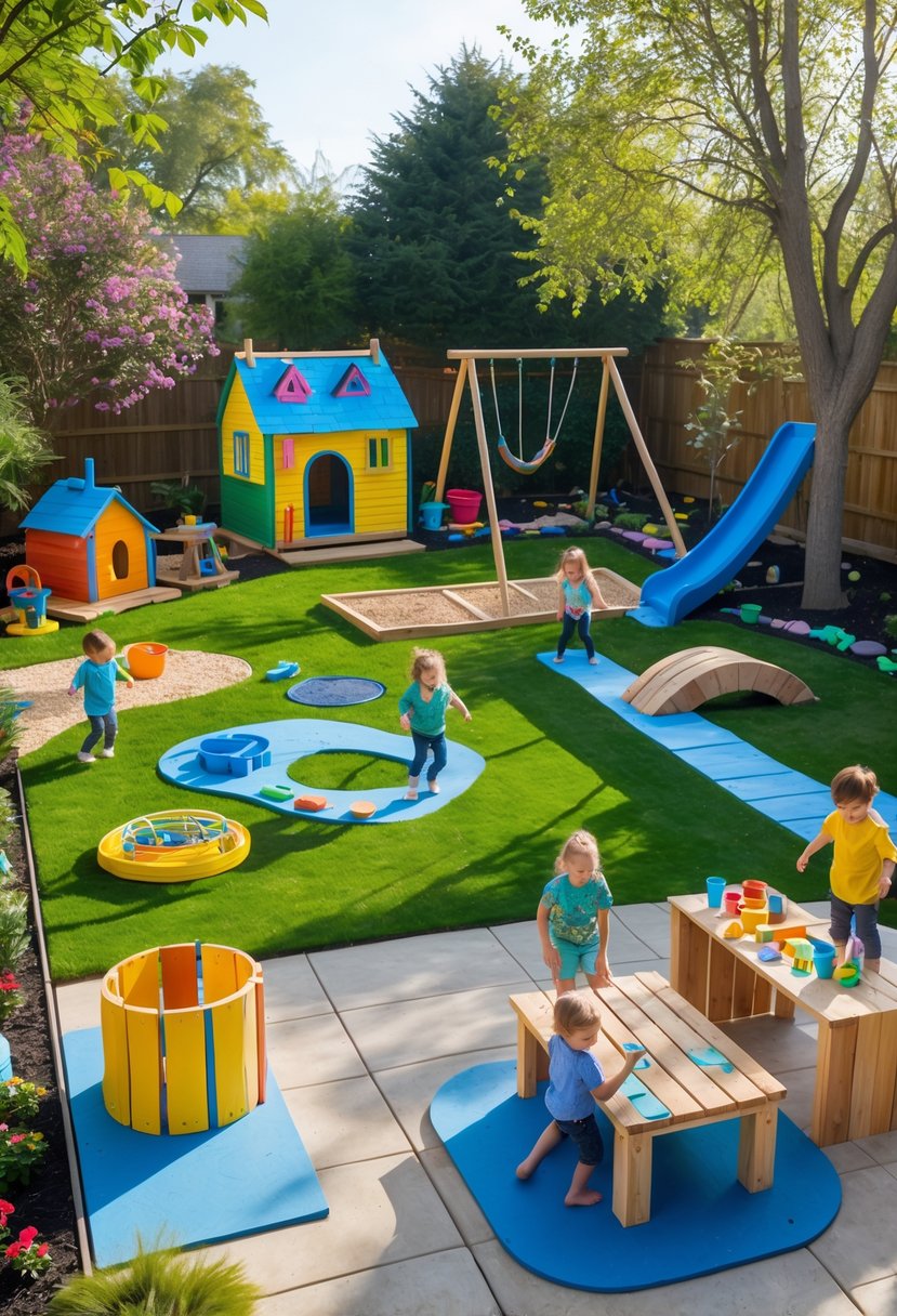 Outdoor play area with various DIY play structures and children playing on them in a backyard.
