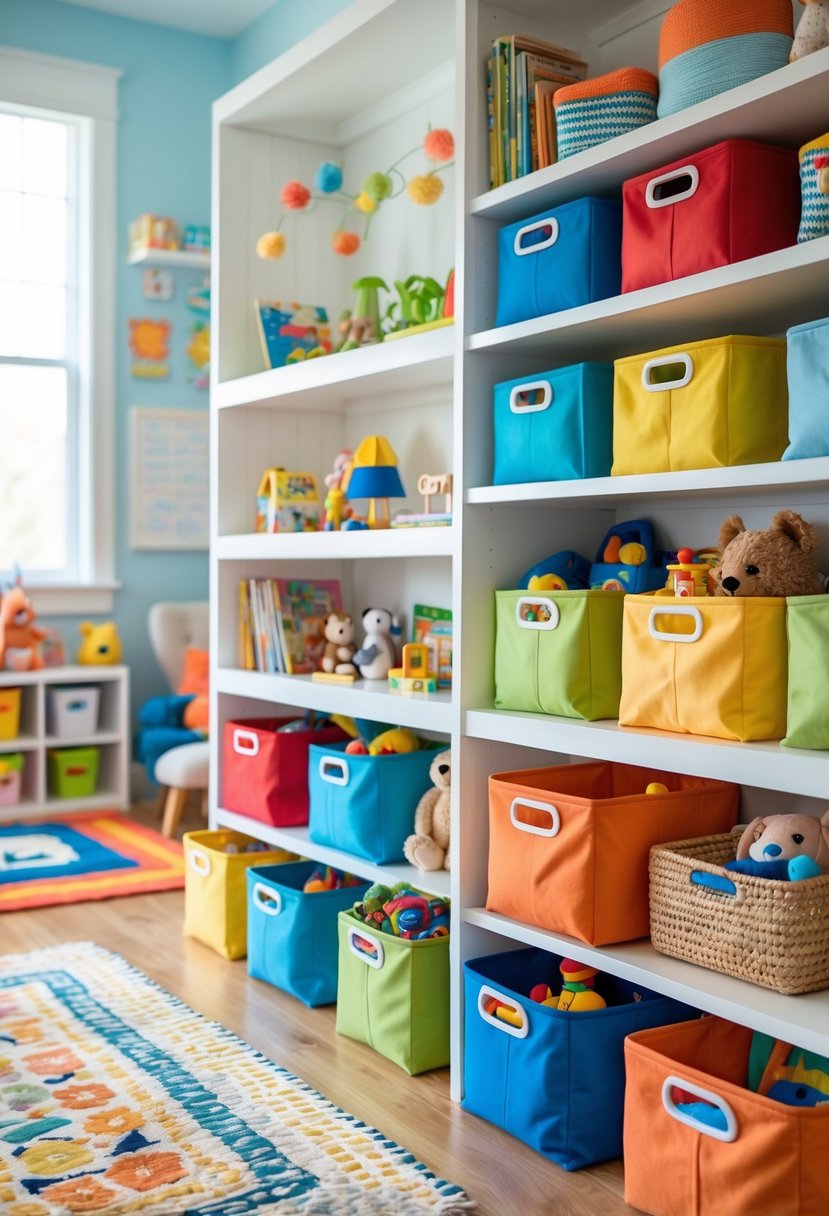 A kids' room with colorful storage bins filled with toys and books, organized on shelves and under furniture.