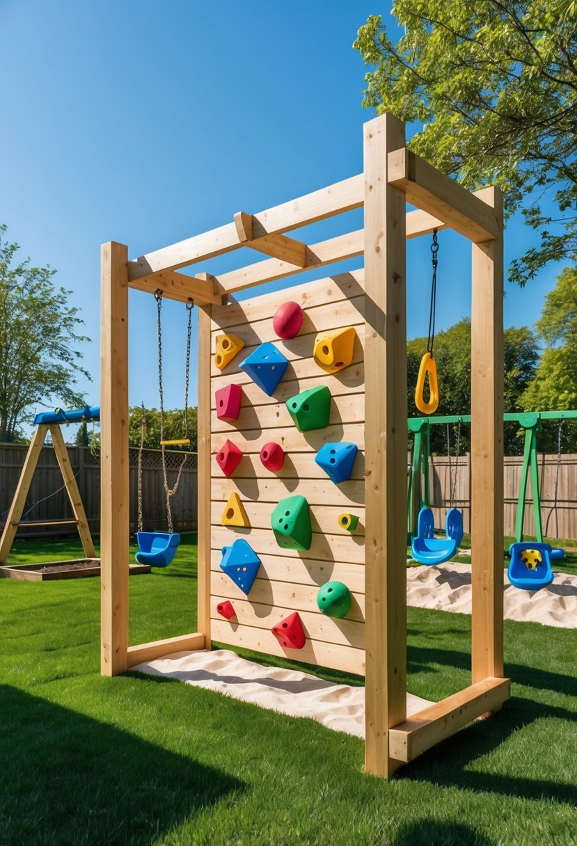 A wooden climbing wall with colorful holds in a sunny backyard play area surrounded by grass and trees.