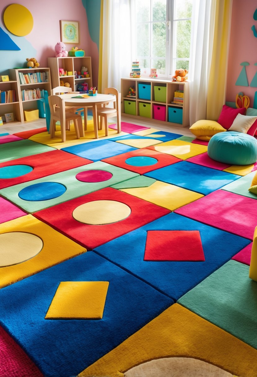 A colorful children's room with bright geometric pattern rugs, small furniture, toys, and natural light.
