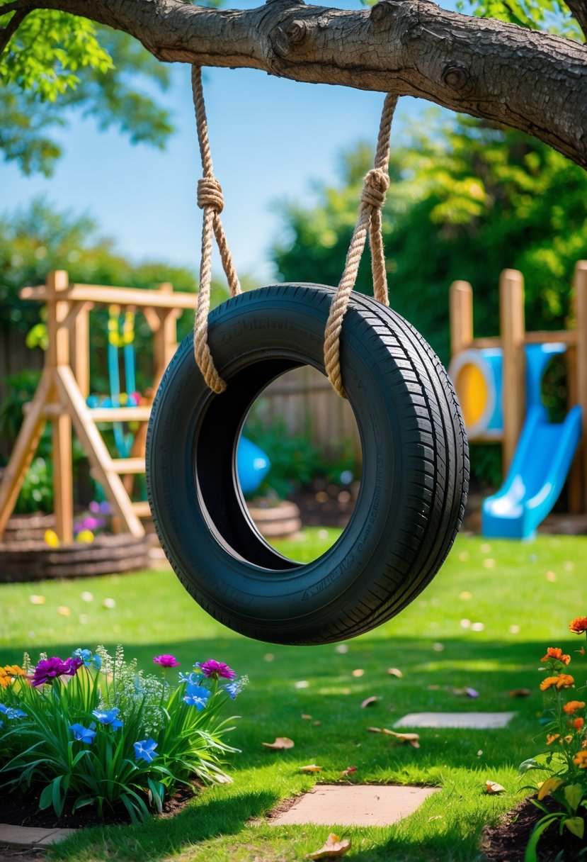 A homemade tire swing hanging from a tree branch in a green backyard with a wooden play structure in the background.
