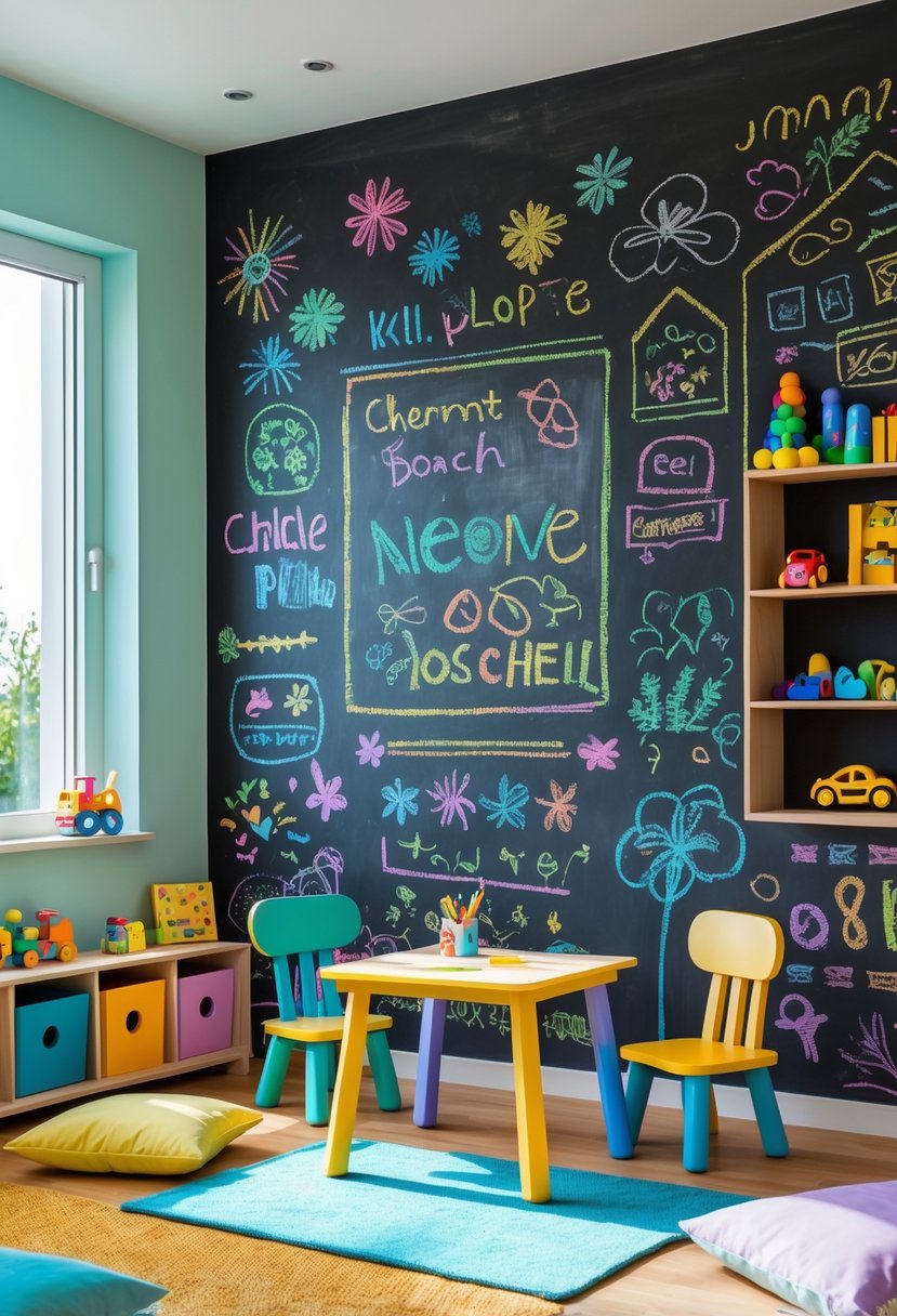 A colorful children's room with a chalkboard painted wall covered in chalk drawings, playful furniture, toys, and natural light.