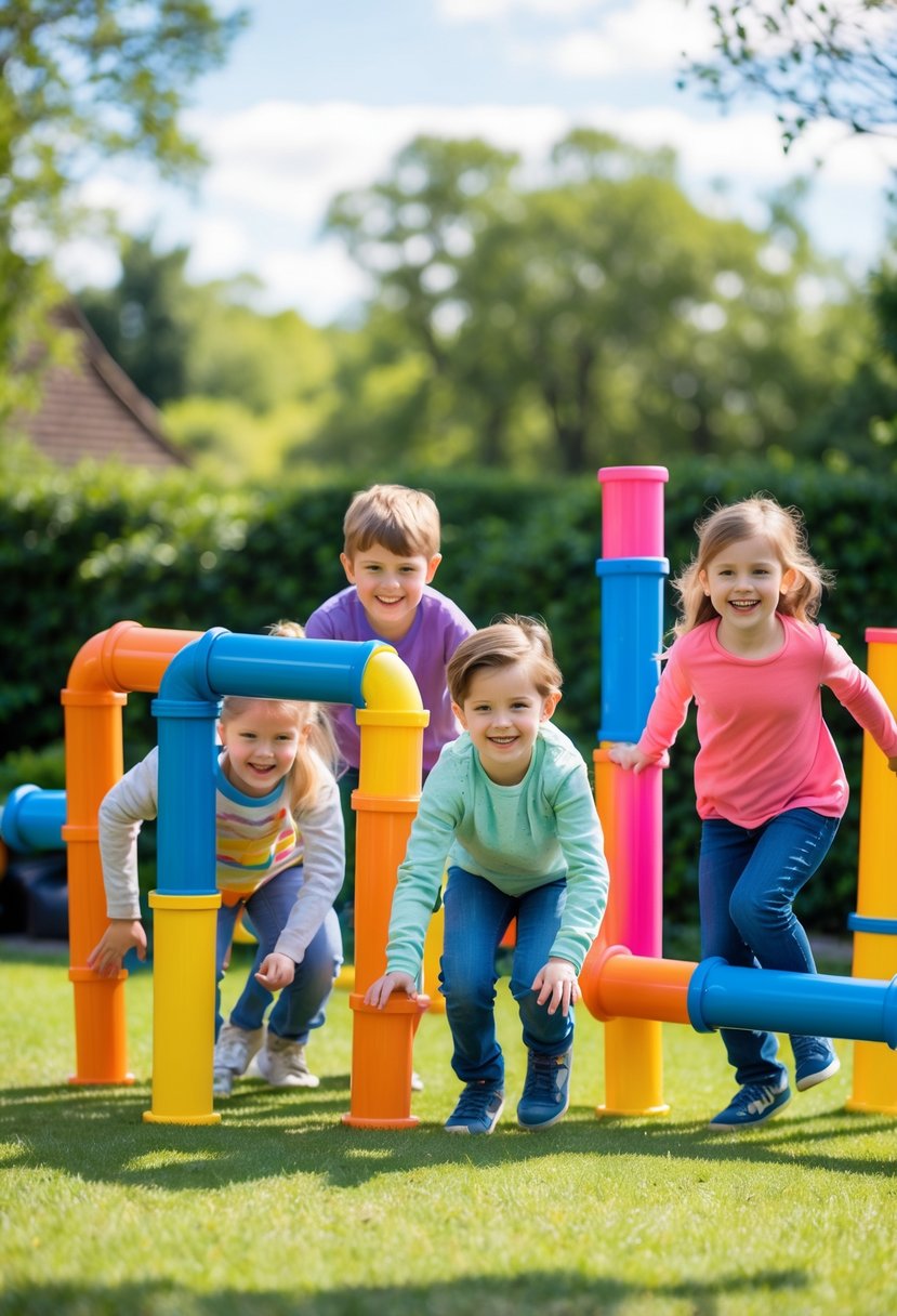 Children playing on a colorful PVC pipe obstacle course in a sunny outdoor play area.