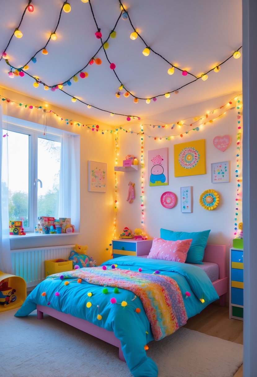 A colorful children's bedroom decorated with multi-colored fairy lights and playful toys.