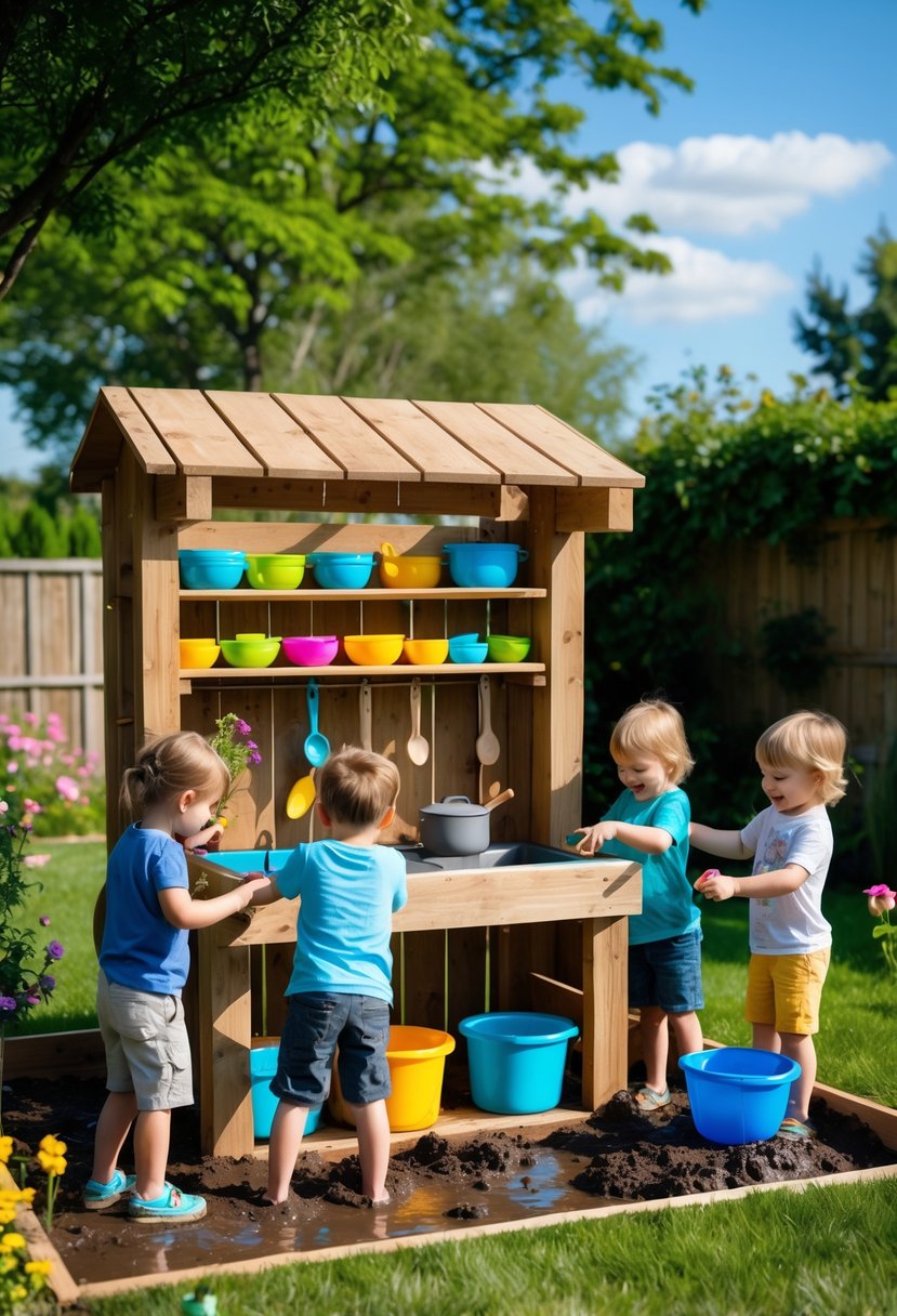 Children playing with a wooden mud kitchen outdoors in a sunny backyard surrounded by grass and flowers.