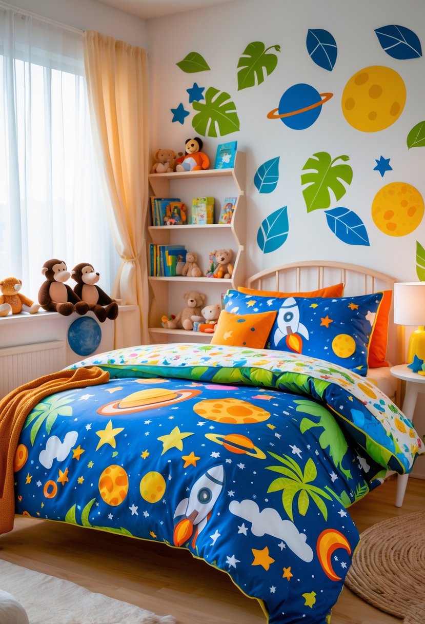 A colorful children's bedroom with space and jungle themed bedding, toys, and decorations.