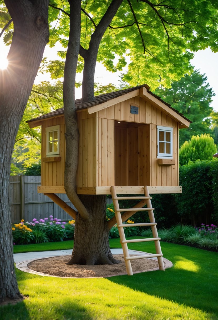 A wooden treehouse with a rope ladder hanging down, surrounded by green trees and grass in a backyard.