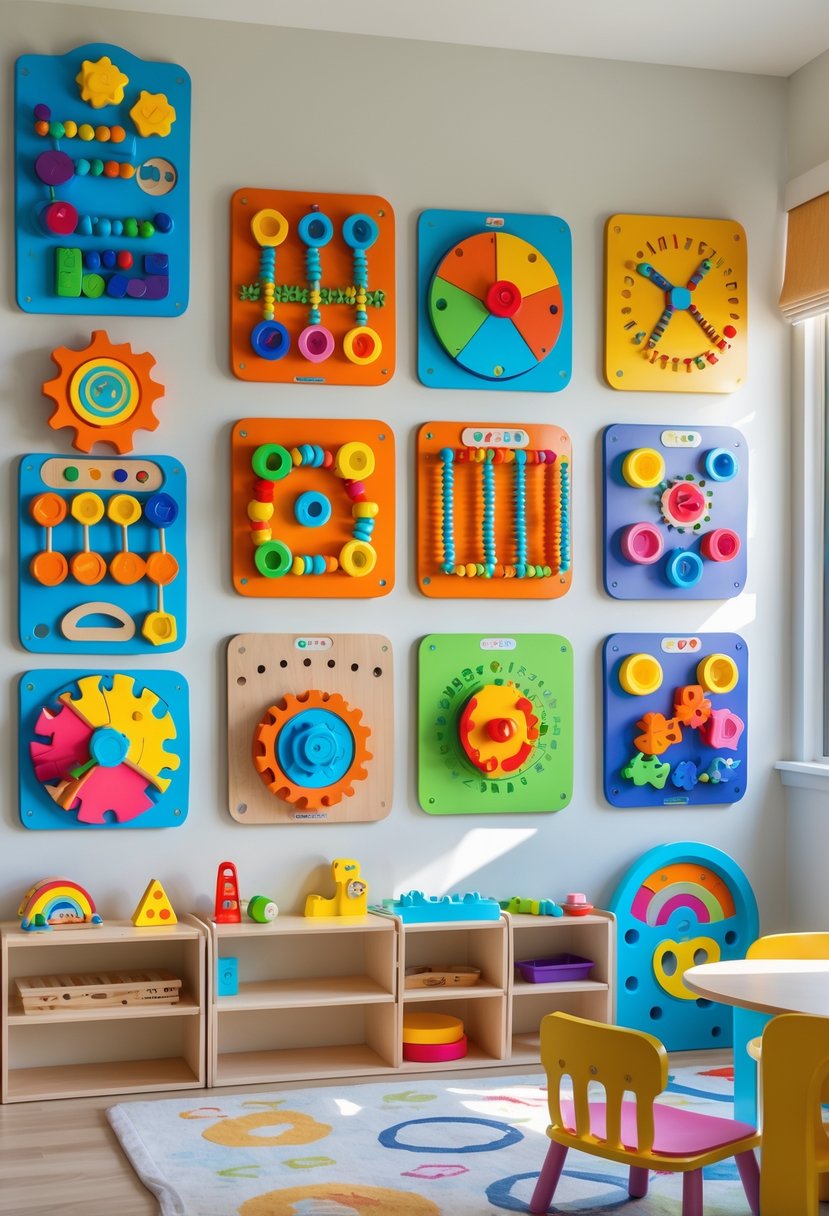 A children's playroom with colorful wall-mounted activity boards featuring puzzles, bead mazes, and spinning gears.