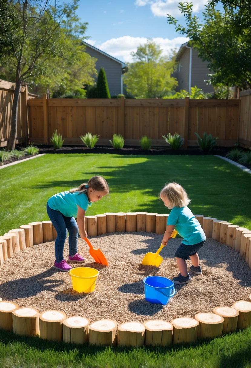 Children playing in a pea gravel play pit in a sunny backyard surrounded by grass and trees.