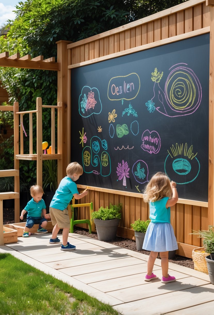 Children playing in an outdoor play area with a large chalkboard wall and natural surroundings.