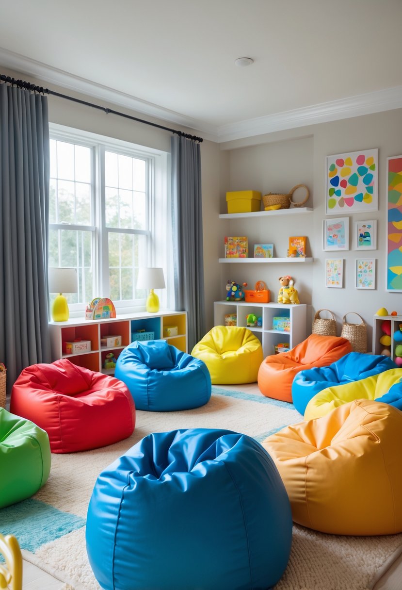 A kids' room with several colorful bean bag chairs arranged around the space, surrounded by toys and bright decor.