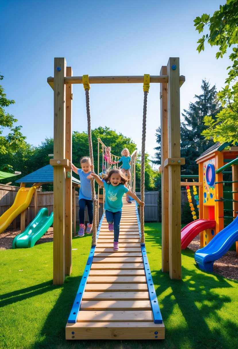 Children playing on a rope bridge play structure in a sunny backyard surrounded by other playground equipment.