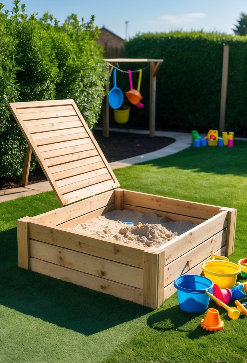A backyard sandbox with a wooden cover, surrounded by grass and children's toys.