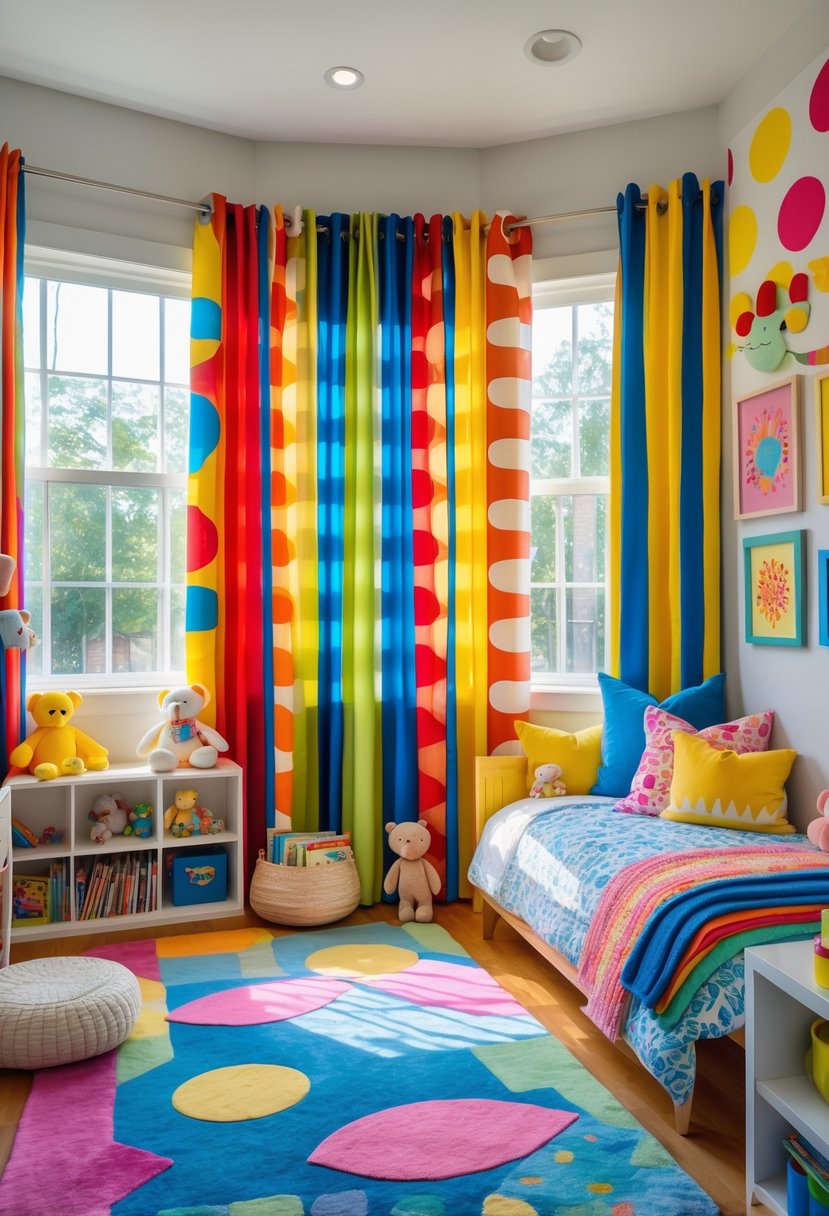 A colorful children's bedroom with bright curtains, toys, and cozy furniture.