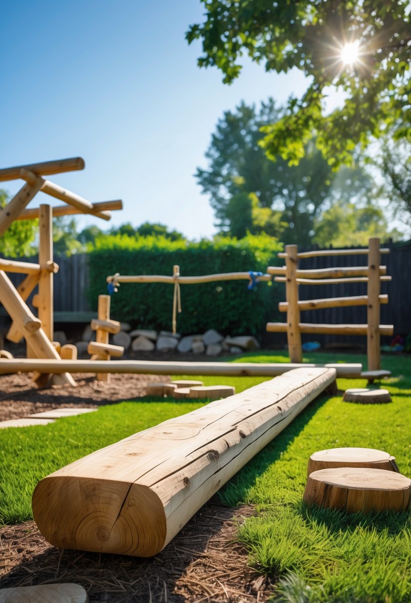 Outdoor children's play area with a balance beam made from wooden logs on grass surrounded by trees.