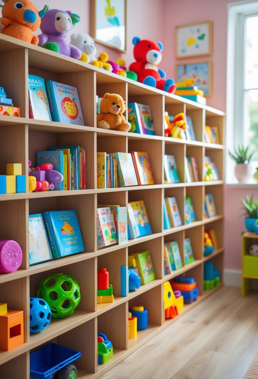 A shelf filled with colorful toys and children's books in a bright and cozy kids' room.