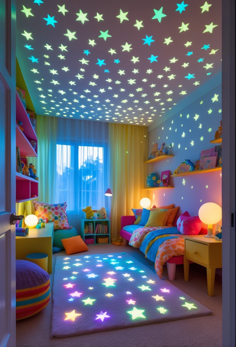 A colorful children's bedroom with glow-in-the-dark star stickers on the ceiling and walls, featuring a bed, toys, and a cozy reading nook.