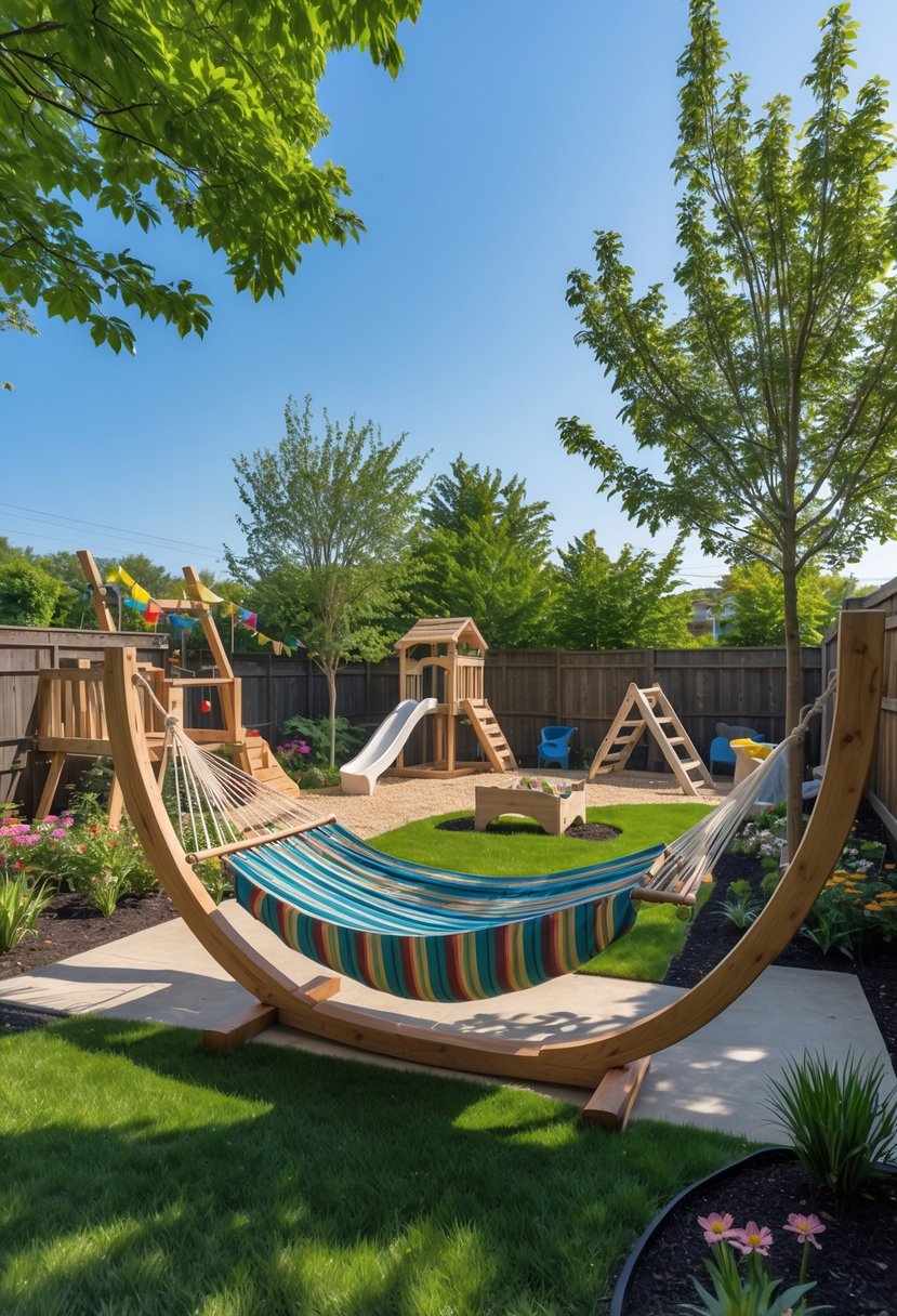 Outdoor hammock lounge area with a wooden frame surrounded by greenery and children's play structures in a backyard.