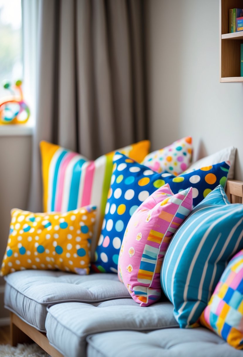 A cozy children's room corner with a colorful assortment of patterned throw pillows on a cushioned bench surrounded by toys and books.