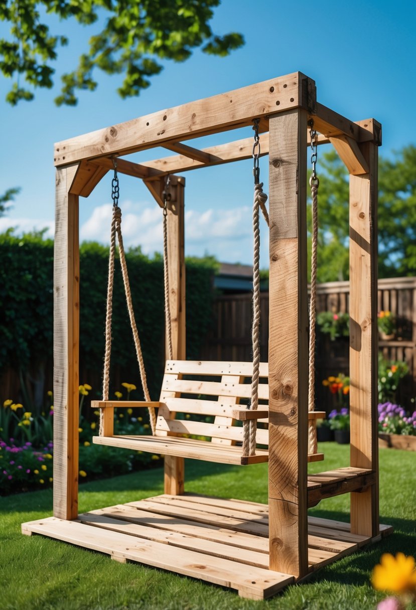 Outdoor children's swing set made from wooden pallets in a sunny backyard with grass and trees.