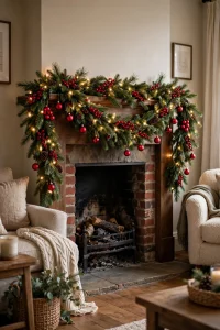 A fireplace mantle styled with a classic red and green Christmas garland full of berries and pine.
