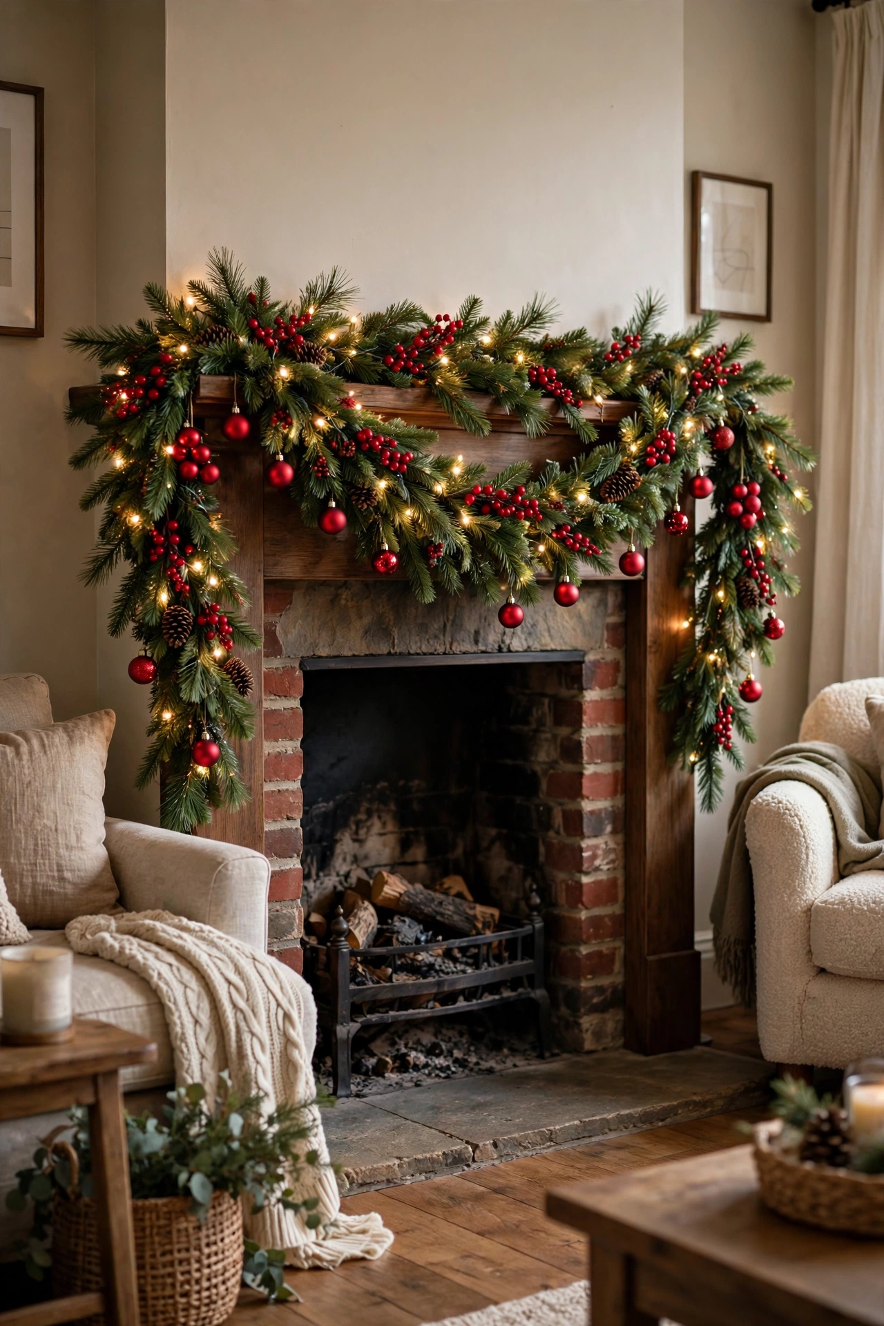 A fireplace mantle styled with a classic red and green Christmas garland full of berries and pine.