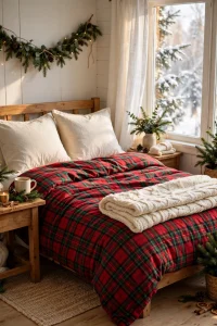 Cozy bedroom with red plaid flannel Christmas bedding and pillows