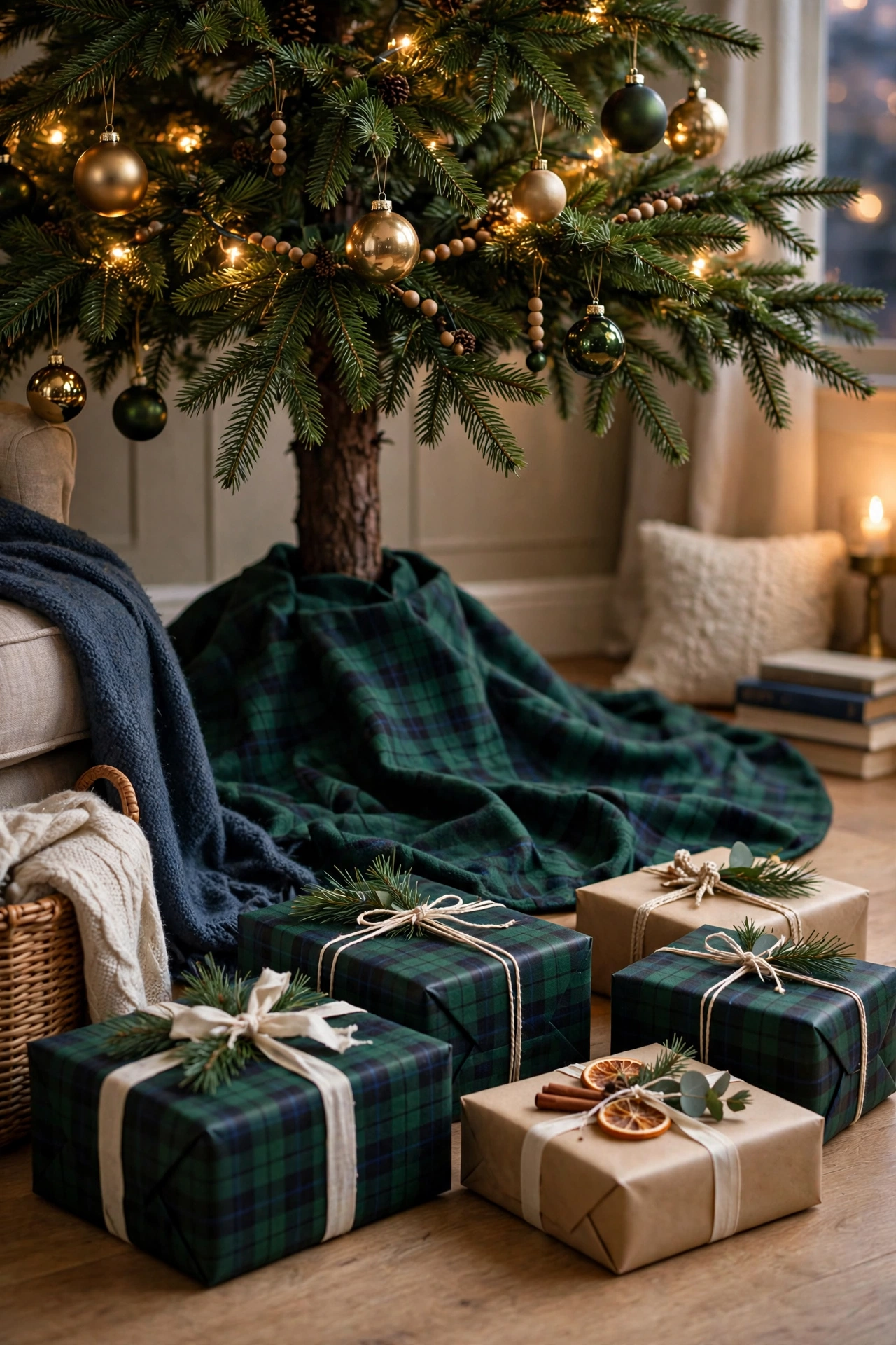 Christmas tree with classic green tartan plaid tree skirt