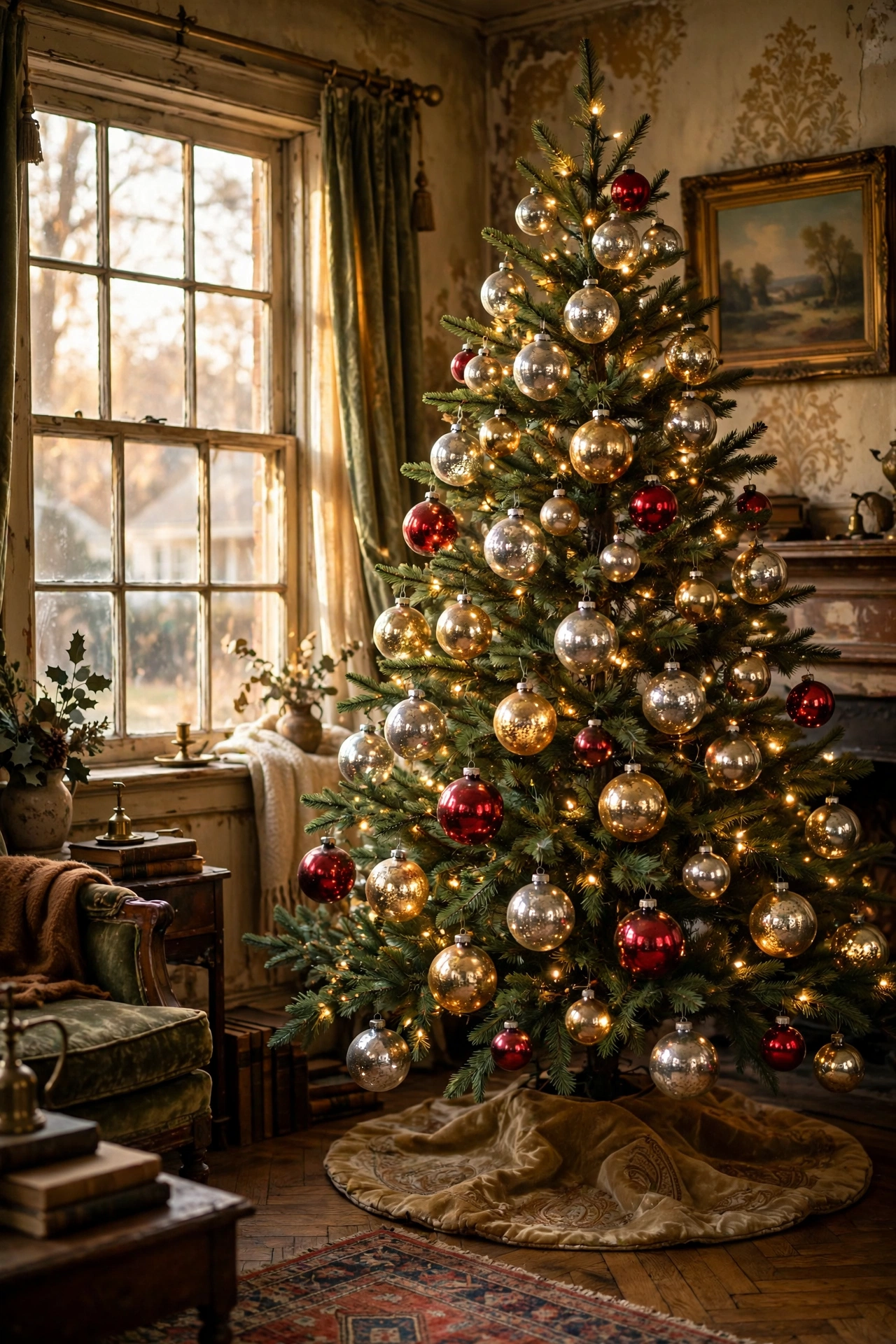 Vintage Christmas tree decorated with shiny mercury glass ornaments
