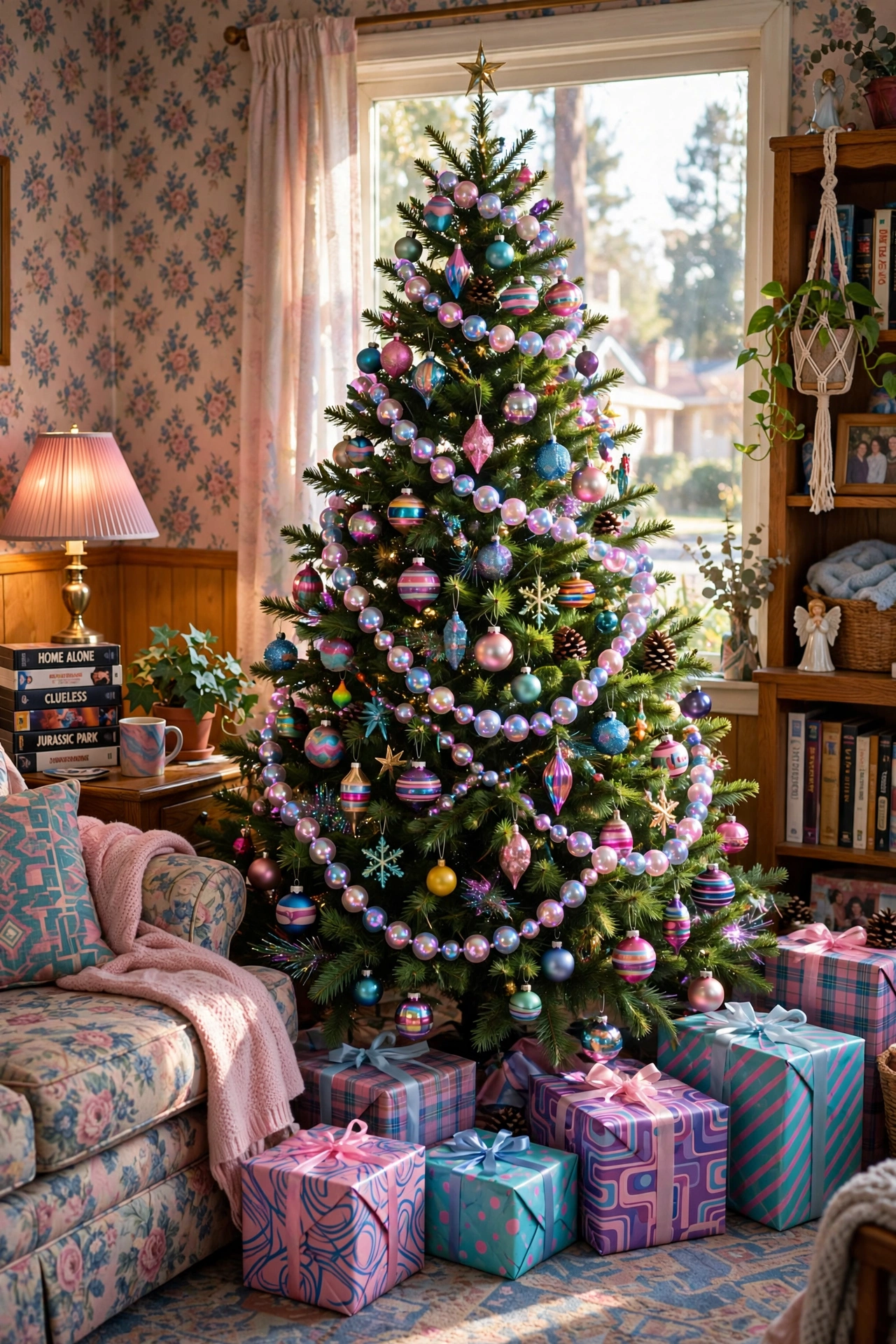 Iridescent beaded garland strands sparkling on 90s Christmas tree