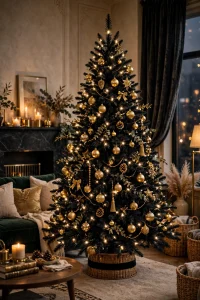 Elegant black Christmas tree decorated with gold ornaments and warm lights in a luxurious living room