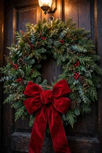 A grand lush evergreen Christmas wreath with a large red velvet bow hanging on a dark wooden front door.