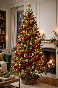 A classic Christmas tree decorated with red and gold ornaments glowing under warm white lights in a cozy living room.