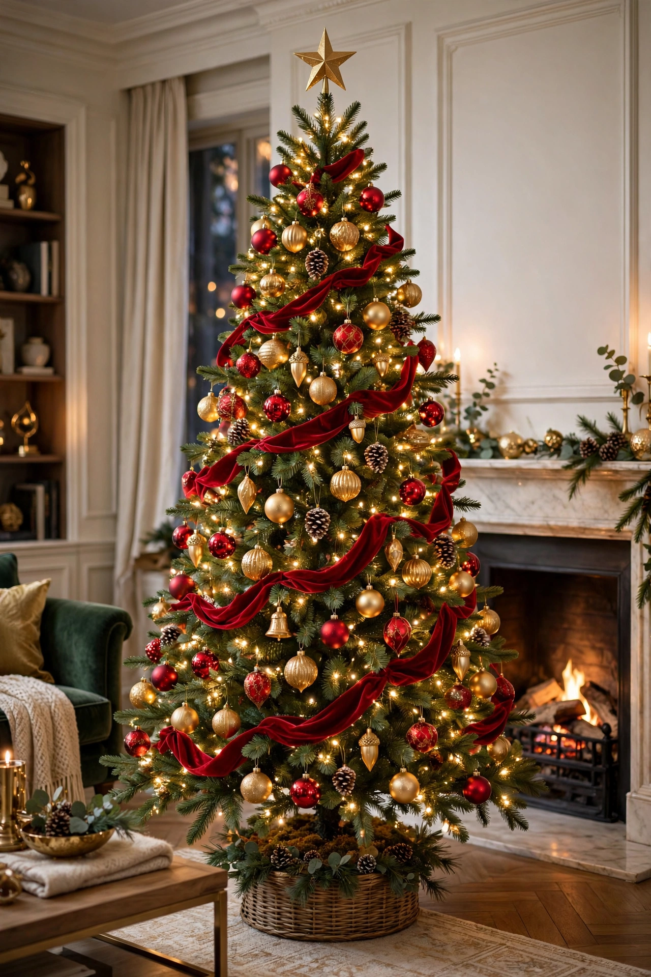A classic Christmas tree decorated with red and gold ornaments glowing under warm white lights in a cozy living room.