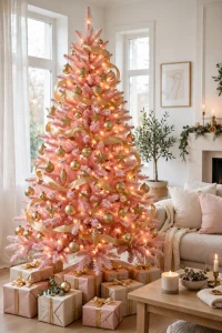 A blush pink Christmas tree decorated with gold ornaments and warm lights in a bright living room.