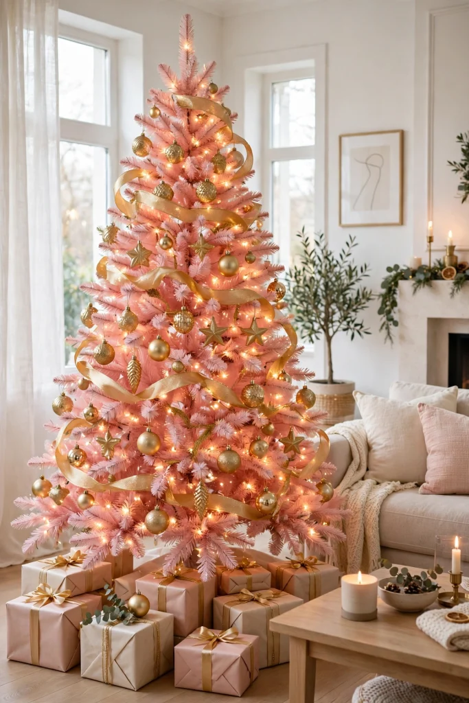 A blush pink Christmas tree decorated with gold ornaments and warm lights in a bright living room.
